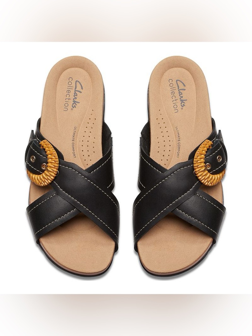 Clarks Raleigh Bay Black Leather Slide Sandals